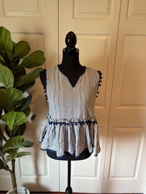 THML Striped Peplum Sleeveless Top with Navy Trim - Blue/White 100% cotton Sm